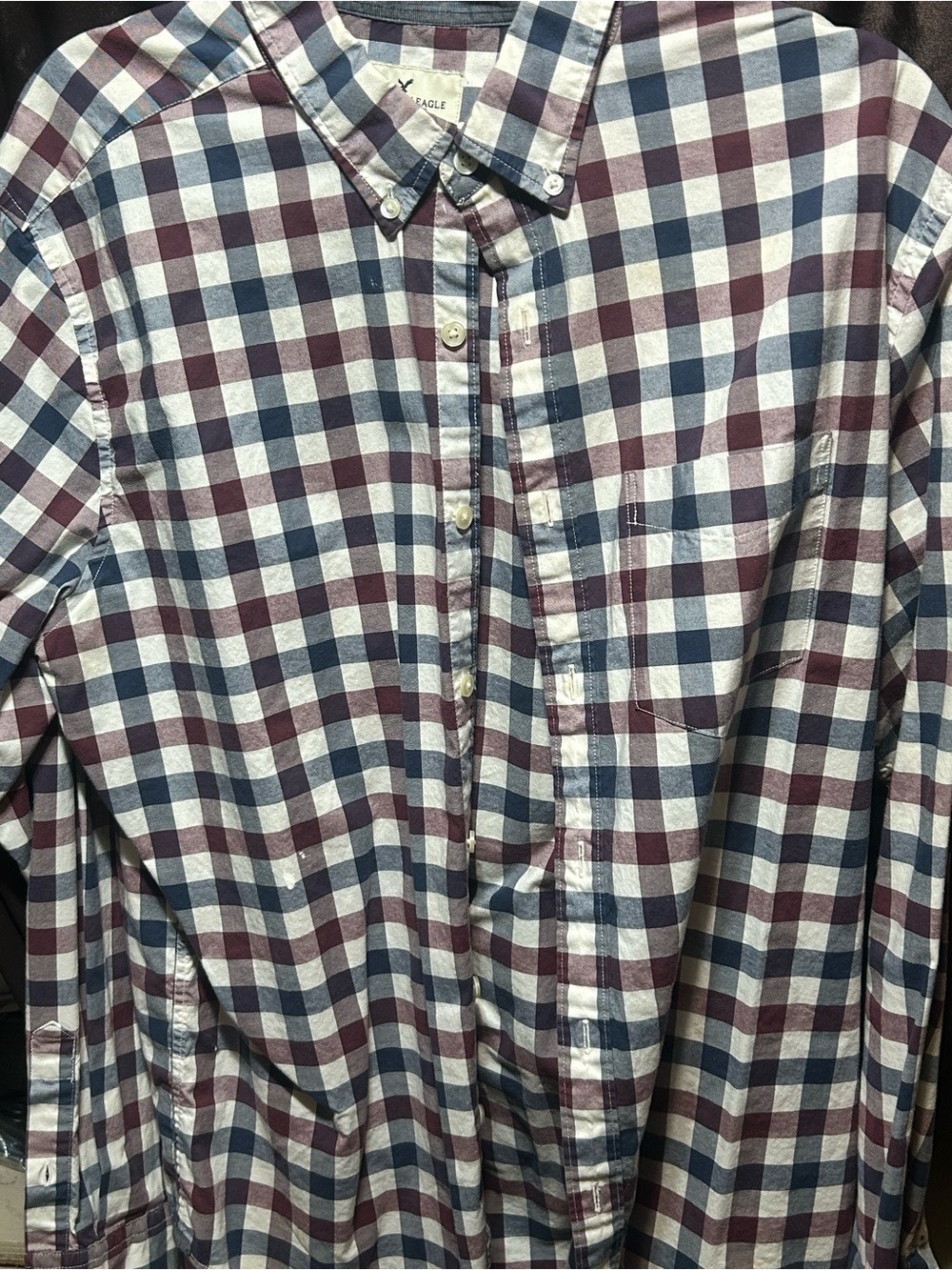 American Eagle Outfitters Plaid Button-Down Shirt in Navy & Burgundy